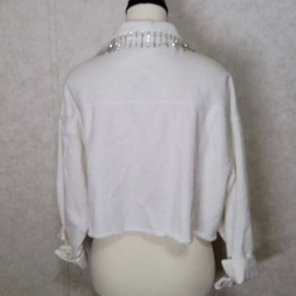 NWT Dee Dee Rhinestone Fringed White Denim Jacket OverSized Small (P23,L16.5) - Picture 3 of 7